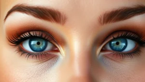 Close-up of blue eyes with warm copper eyeshadow applied on lids, blended bronze in crease, professional makeup photography with natural lighting