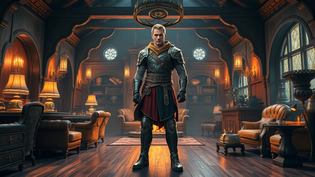 Wide shot of a beautifully decorated fantasy tavern interior with elegant furniture, warm firelight, and a fashionably dressed human character standing confidently in the center wearing coordinated armor and accessories