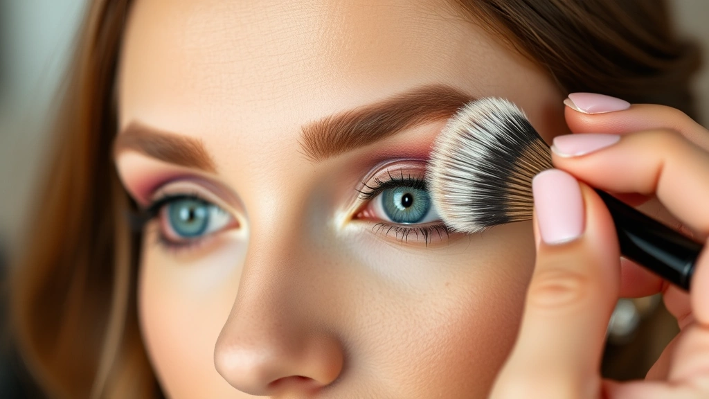 Makeup artist applying eyeshadow to blue eyes using fluffy blending brush, showing proper technique and color placement on eyelid