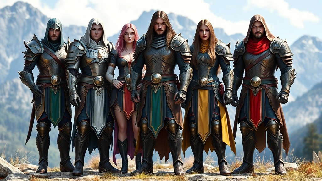 Group of five fantasy characters standing together outdoors in a mountain landscape, each wearing distinctly different but equally impressive armor styles and color combinations, showcasing diverse aesthetic choices and fashion coordination