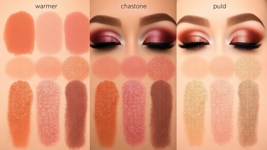 Swatches of eyeshadow colors arranged by undertone - warm coppers, cool plums, champagne golds - on various skin tones showing color payoff