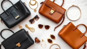 Overhead flat lay of luxury leather handbags in neutral tones—black, cognac, and cream—arranged artfully with gold jewelry and sunglasses on marble surface, natural lighting highlighting texture and craftsmanship
