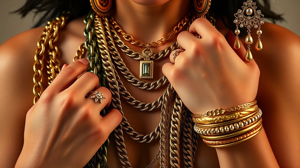 Close-up of diverse statement jewelry collection featuring chunky chain necklaces, layered gold chains, chandelier earrings, and stacked bangles on hands modeling different pieces, warm studio lighting
