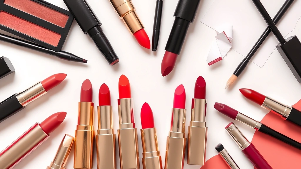 Flatlay arrangement of luxury lipstick tubes in various finishes and colors including matte, satin, glossy, and liquid formulas, with lip liners, brushes, and blotting papers, professional beauty photography lighting