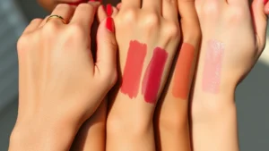 Close-up of diverse hands swatching multiple lipstick shades on skin, showing warm reds, cool berries, and nude tones against different complexions in natural daylight