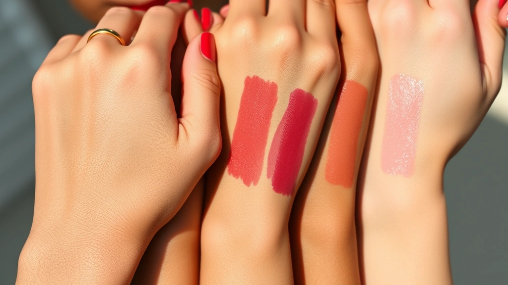 Close-up of diverse hands swatching multiple lipstick shades on skin, showing warm reds, cool berries, and nude tones against different complexions in natural daylight