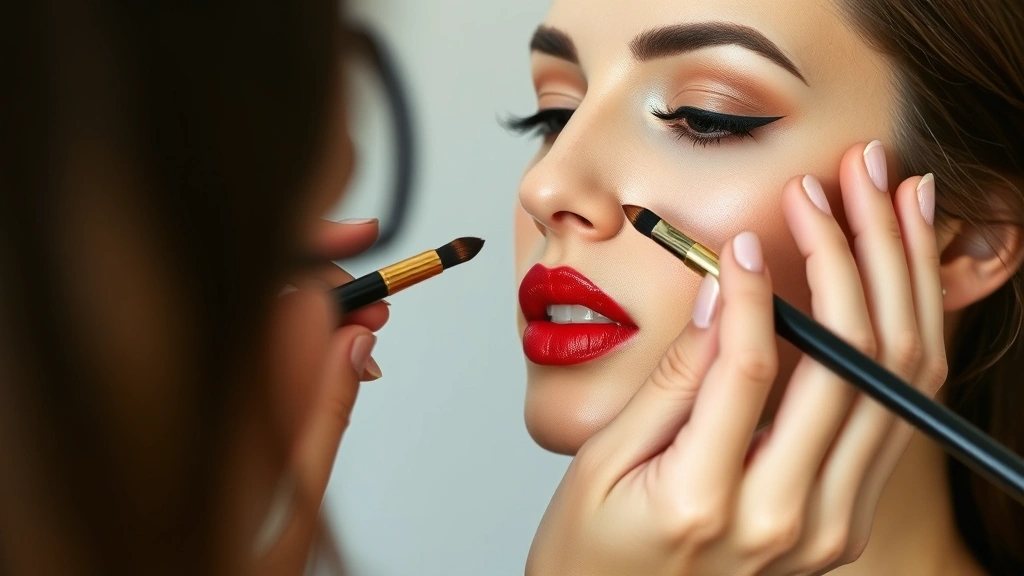 Professional makeup artist applying red lipstick with precision using a lip brush on a model's lips, showing perfect technique and clean application edges