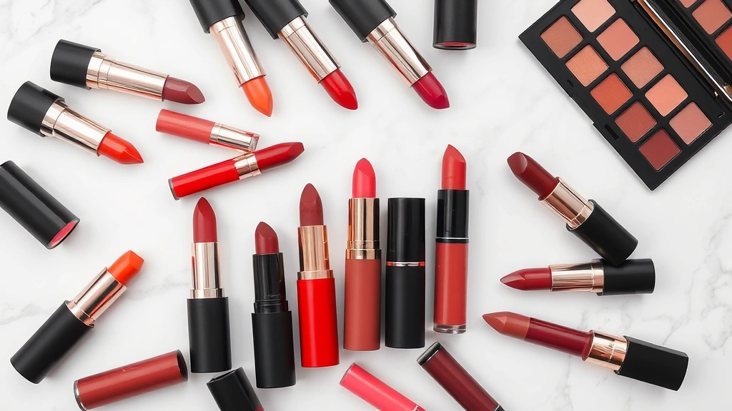 Flat lay arrangement of an organized lipstick collection displaying classic reds, nudes, berries, corals, and burgundy shades in various finishes on a marble surface