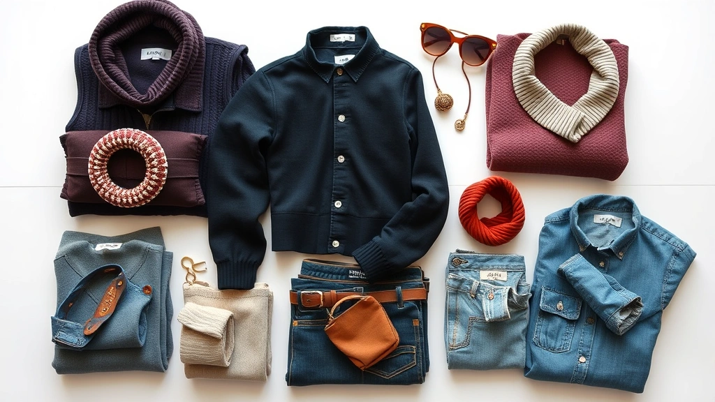 Flat lay arrangement of folded fashion items including sweaters, denim, and accessories in various colors displayed on a white surface showing boutique collection variety and quality