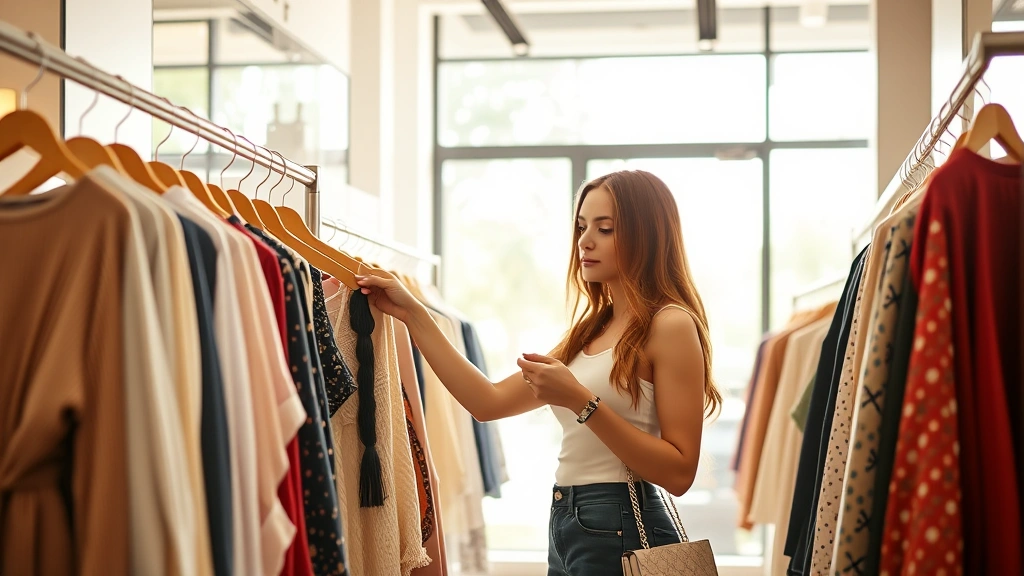 Young woman shopping in a bright modern boutique examining clothing racks, holding up a fashionable piece to check details, natural daylight streaming through windows