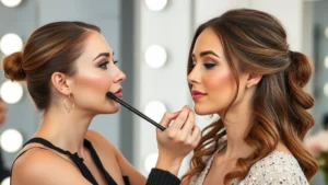 Professional makeup artist applying foundation and blush to fair-skinned client showing warm peachy tones and natural flush technique
