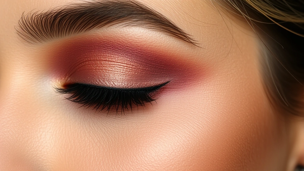 Close-up demonstration of eyeshadow blending on medium deep skin tone showing rich warm bronze and cool berry color placement