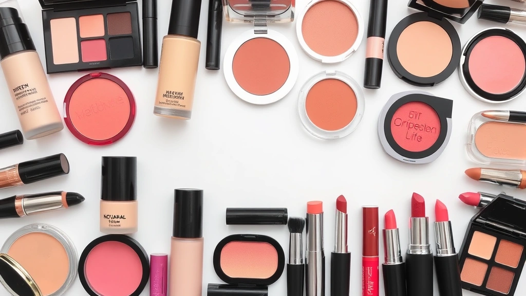 Flat lay of diverse makeup products including foundations, blushes, and lipsticks arranged by undertone groups showing warm cool and neutral options
