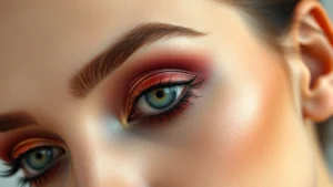 Close-up of woman's face with flawless makeup application, vibrant eyeshadow palette visible, natural lighting highlighting contour and highlights, diverse skin tone