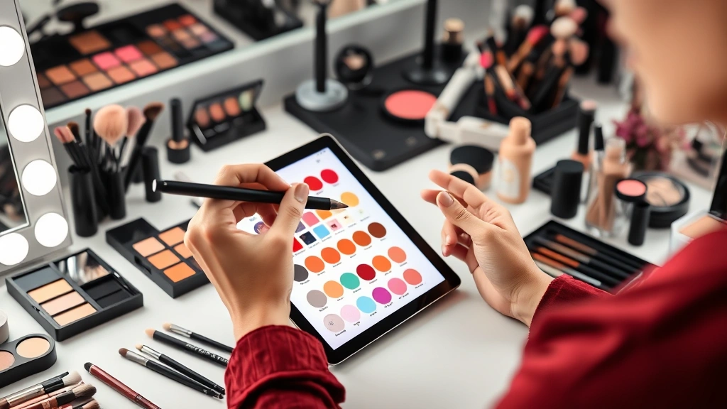 Professional makeup artist using tablet stylus with digital color swatches displayed, organized makeup brushes and products on desk, modern beauty workspace setup