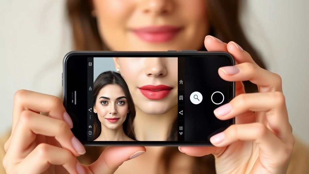 Woman holding smartphone showing augmented reality makeup virtual try-on app, her face displayed on screen with different lipstick shade applied, natural daylight