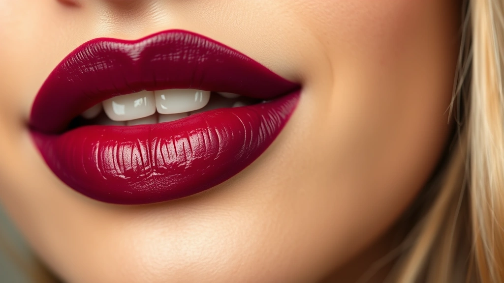 Close-up of a woman's lips wearing a bold berry-wine lipstick shade, showcasing the richness of the color and how it complements her complexion in professional lighting