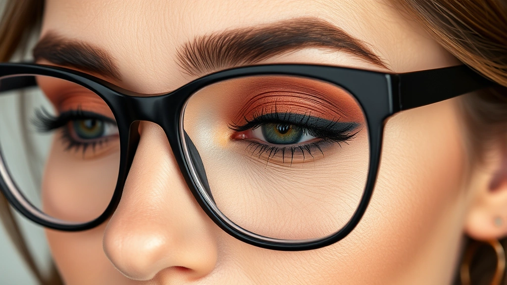 Close-up of a woman's face wearing black-framed glasses with perfectly applied warm bronze eyeshadow, defined black eyeliner, and mascara-coated lashes, showcasing eye makeup techniques for spectacles