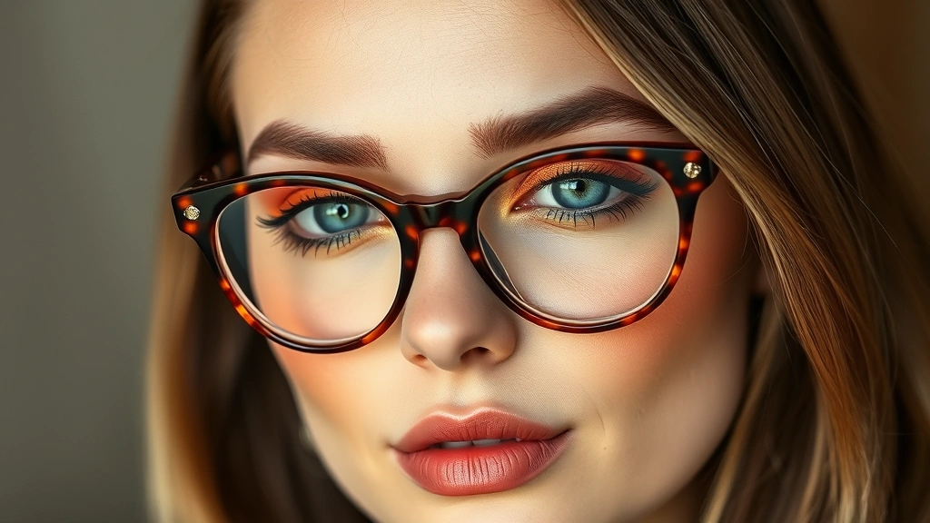 Woman wearing tortoiseshell cat-eye glasses with warm terracotta and gold eyeshadow, peachy blush, and nude lip color, demonstrating color harmony between frames and makeup palette
