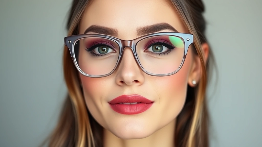 Beauty portrait of a woman in oversized clear-framed glasses with matte plum eyeshadow, sculpted brows, rosy cheeks, and coordinated lip color, showing balanced makeup for glasses wearers