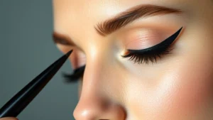 Close-up of expertly applied winged black eyeliner on a fair-skinned face with defined eyebrows and soft peachy blush, professional studio lighting highlighting the precision of the makeup application