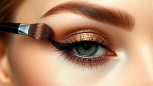 Close-up of expertly blended eyeshadow on a model's eyelid showing gradient from light champagne to deep bronze with precise brush placement and professional lighting