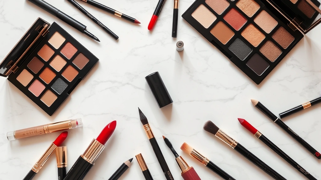 Overhead flat lay of luxury makeup products including red lipstick, eyeliner pencils, mascara, and eyeshadow palettes arranged artfully with makeup brushes on a marble surface with soft natural lighting