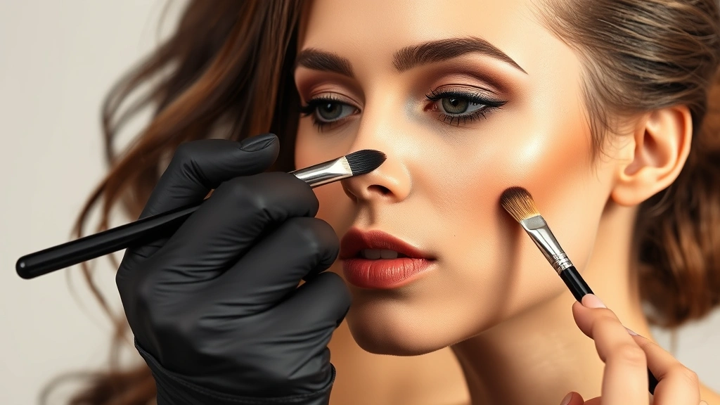 Makeup artist applying contour with precision using quality brushes on a model's cheekbones, showing strategic highlighting and blending technique with warm studio lighting