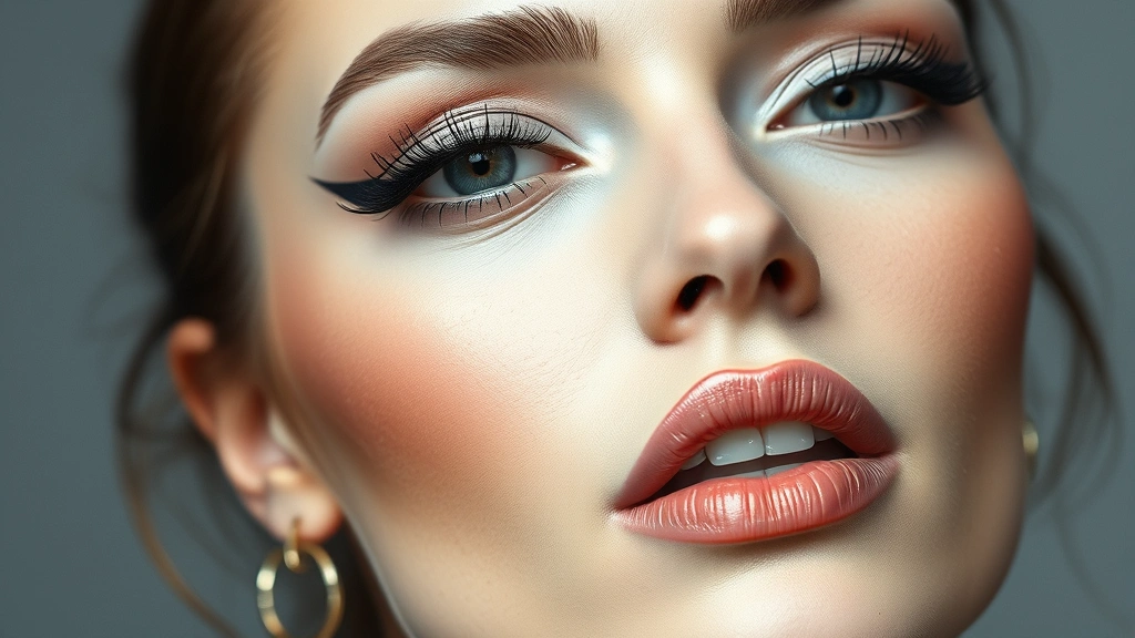Professional beauty portrait showing bold graphic eyeliner design on lower lash line with voluminous black mascara, pale matte eyeshadow, and flawless complexion demonstrating avant-garde makeup artistry