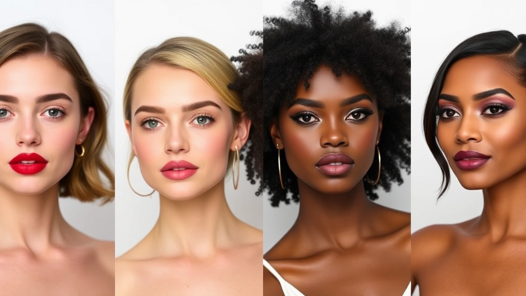 Diverse group of four women displaying different lipstick shades—warm red, cool berry, neutral nude, and bold burgundy—showing undertone variety
