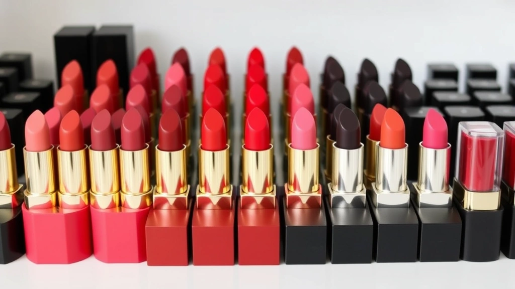 Beauty professional organizing lipstick collection by color family and undertone, displaying matte, satin, cream, and glossy finishes in organized arrangement