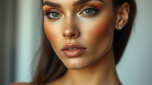 Close-up of flawless neutral makeup on diverse woman with warm undertone, luminous skin, soft brown eyeshadow, nude lip, professional lighting, fashion editorial style