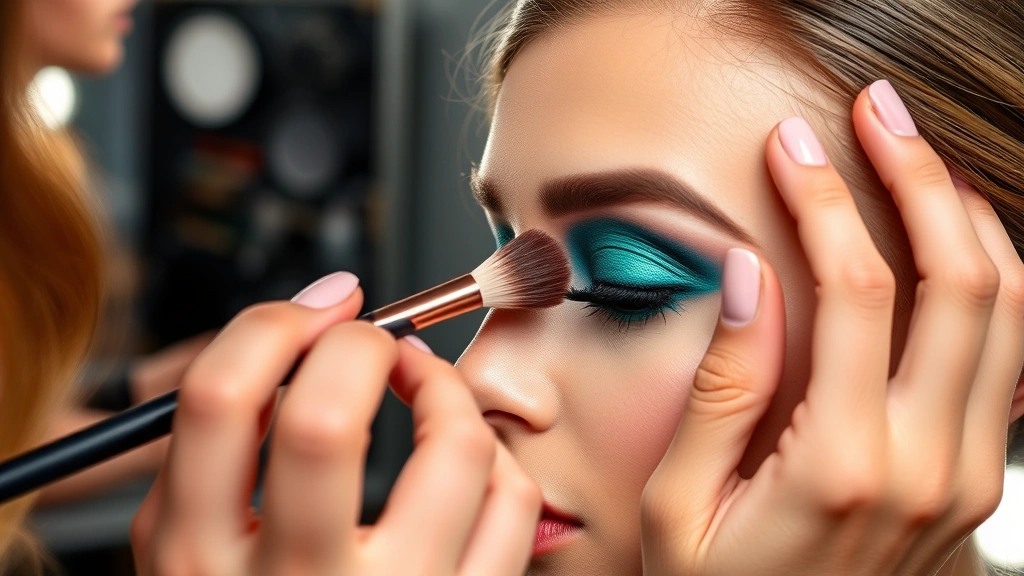 Makeup artist applying bold jewel-tone eyeshadow to model's eyelid with precision brush, vibrant emerald color, professional makeup studio setup, hands and eye focus