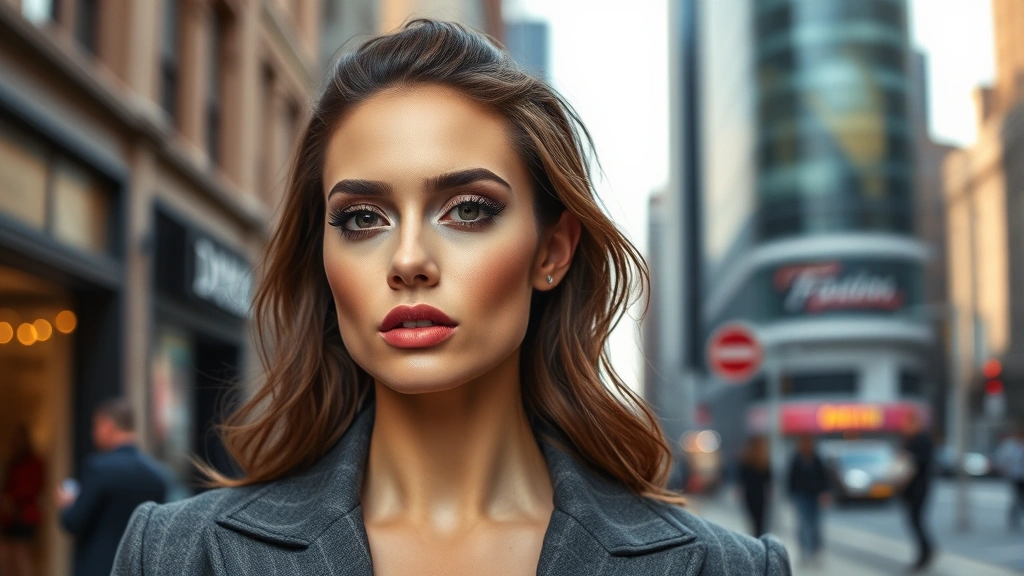 Fashion professional woman with sculpted cheekbones, defined brows, editorial makeup, NYC fashion backdrop, polished and confident expression, daytime professional lighting