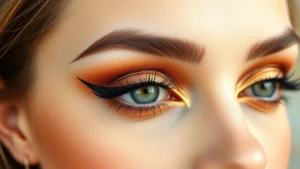 Close-up of a model with perfectly blended warm-toned eyeshadow in bronze and gold, featuring a precise winged eyeliner and volumized mascara, shot with natural lighting