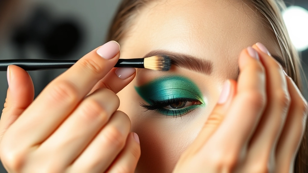 Professional makeup artist applying vibrant emerald green eyeshadow to a client's eyelid using a flat shader brush, demonstrating proper technique with studio lighting