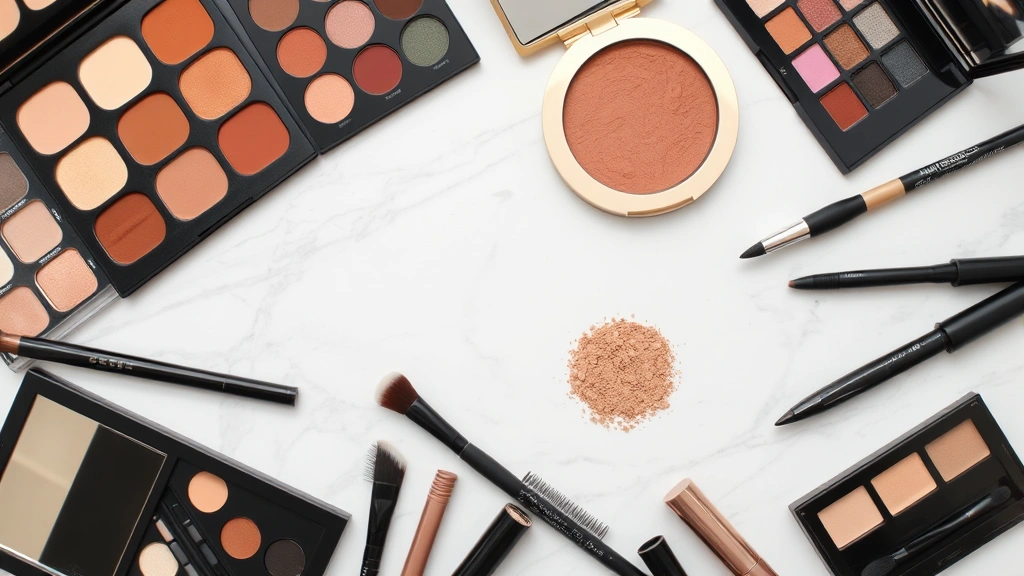 Overhead flat lay of curated eye makeup collection including eyeshadow palettes in various finishes, quality brushes, eyeliners, and mascara arranged aesthetically on marble surface