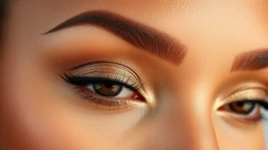 Close-up of expertly applied neutral eyeshadow in warm taupes and champagne on a diverse woman's eyelids, with precise blending and defined crease, professional studio lighting