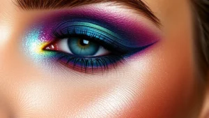 Close-up of vibrant jewel-toned eyeshadow palette with emerald, sapphire, and amethyst shades applied to diverse skin tones, professional makeup artistry, natural lighting highlighting pigment and shimmer