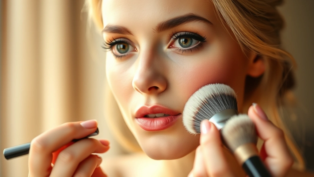 Woman applying cream blush to cheekbones with a fluffy brush, showing proper placement technique, warm natural lighting, focus on cheek application