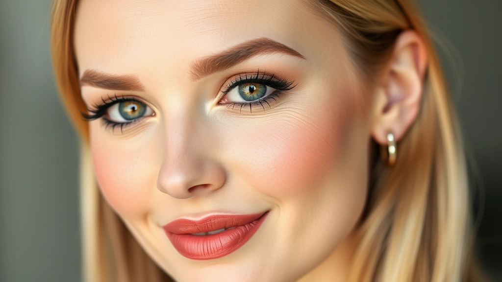 Professional headshot of woman with polished interview makeup including neutral eyeshadow, defined mascara, warm nude-pink lipstick, and flawless foundation, confident expression