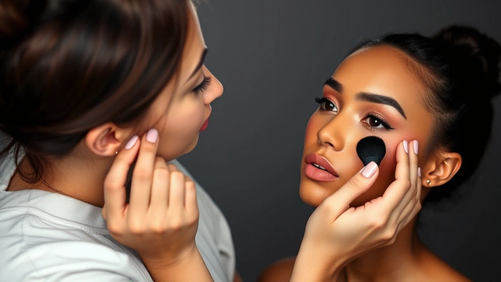 Professional makeup artist applying multifunctional cream blush product to model's cheeks and eyes simultaneously, demonstrating versatility, diverse skin tone, studio lighting, beauty tutorial style