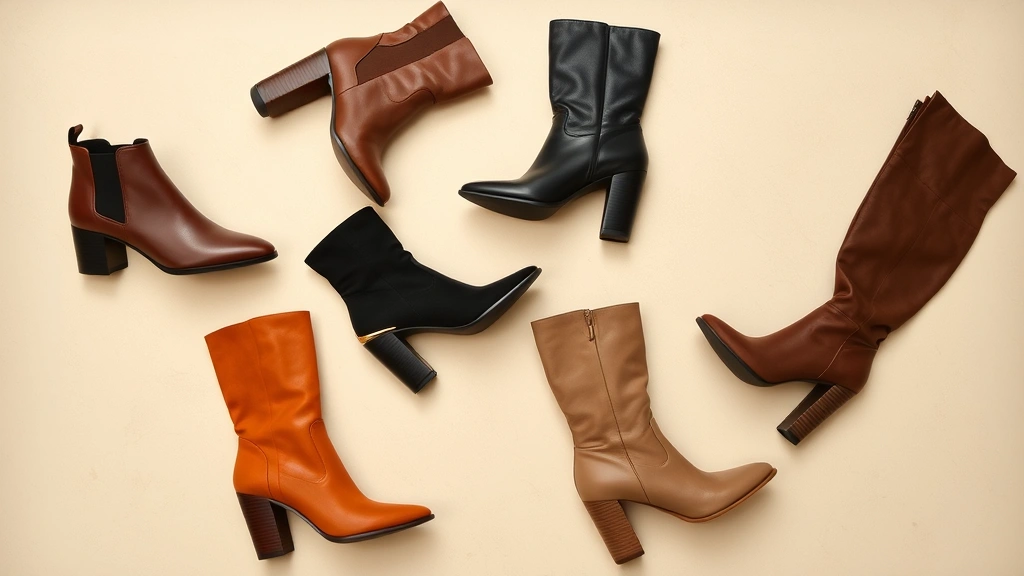 Flat lay product photography showing five different Fashion Nova boot styles arranged in a circle on a neutral beige surface, including ankle boots, knee-highs, and thigh-highs in various colors and heel heights with soft natural lighting