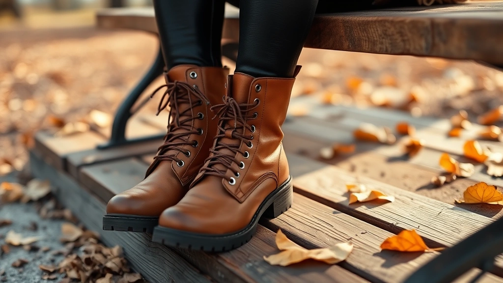 Close-up of woman's feet showcasing cognac-colored lace-up combat boots paired with black leather leggings, sitting on wooden bench with fall leaves scattered nearby, afternoon sunlight creating warm tones on boot details