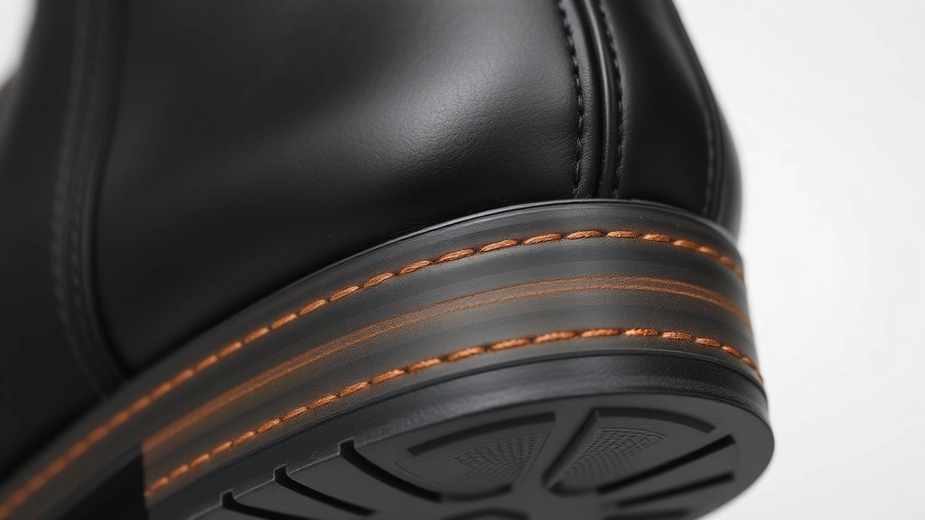 Close-up detail shot of black faux leather boot material and stitching quality, showing heel construction and sole detail, professional product photography style