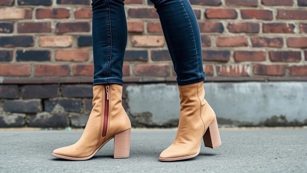Woman styling an outfit with a nude chunky heel boot, wearing black leather jacket and fitted jeans, photographed from the waist down against an urban brick wall background, demonstrating practical everyday boot styling
