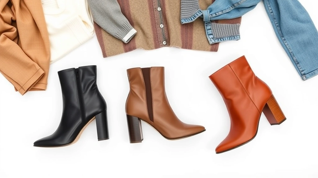Flat lay styling shot of three different fashion nova boot styles in various colors and heel heights arranged artfully with complementary clothing pieces, natural daylight