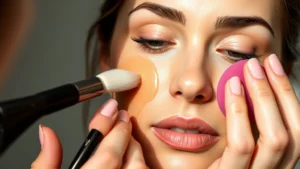 Professional makeup artist applying liquid foundation to oily skin with a damp beauty sponge, close-up of blending technique, natural lighting, product visible