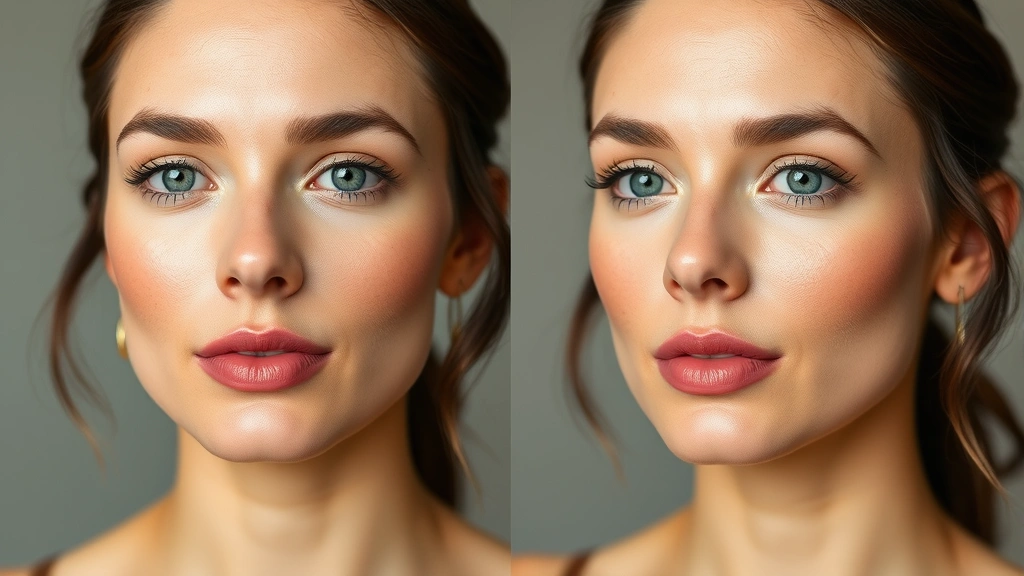 Before and after comparison showing oily skin with shine versus matte foundation application, professional makeup result, clear skin texture visible, no text