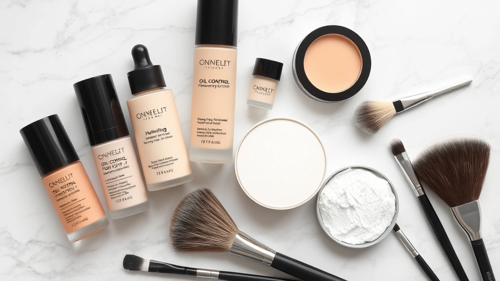 Flat lay of oil-control foundation products, mattifying primer, translucent powder, and setting spray arranged on marble surface with beauty tools, no packaging labels visible